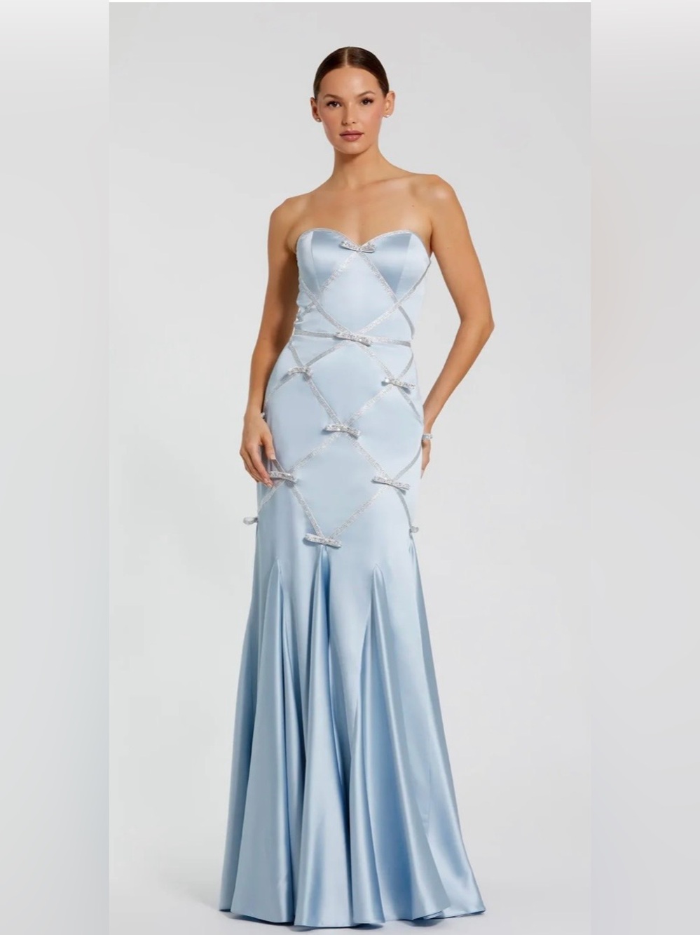 Blue Strapless Satin Trumpet Gown With Bow Details